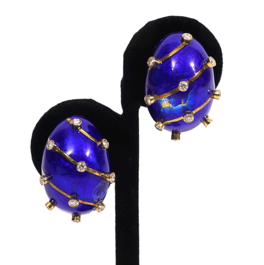 Appraisal: K YG DIAMOND COBALT BLUE ENAMEL CLIP EARRINGSPair of contemporary