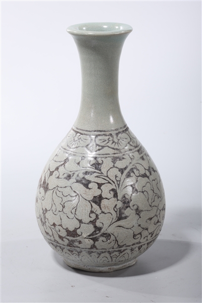 Appraisal: Korean glazed ceramic vase with carved foliate design x approx