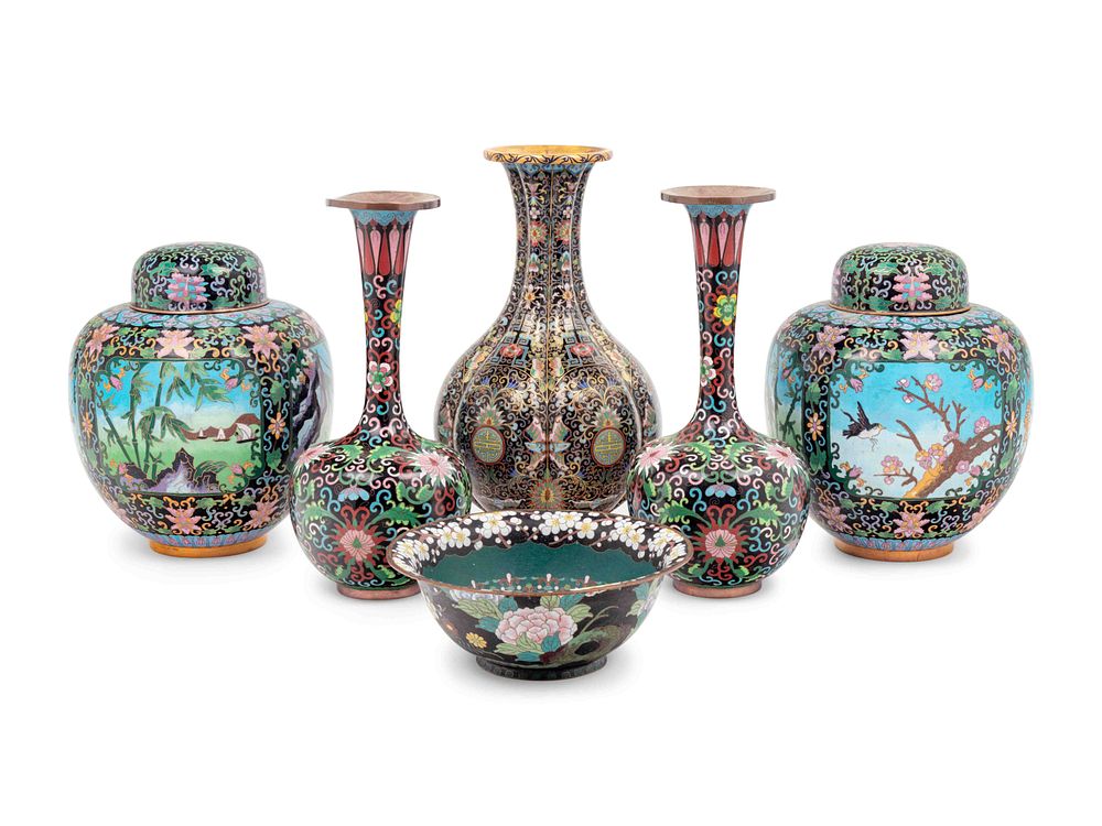 Appraisal: Six Chinese Black Ground Cloisonne Enamel Vessels Six Chinese Black