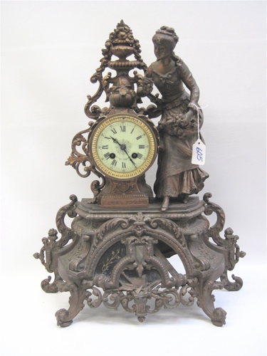 Appraisal: BRONZED SPELTER STATUE CLOCK French th century the barrel clock