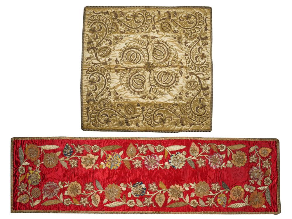 Appraisal: TWO EMBROIDERED SILK PANELSpossibly th century possibly Ottoman unframed each