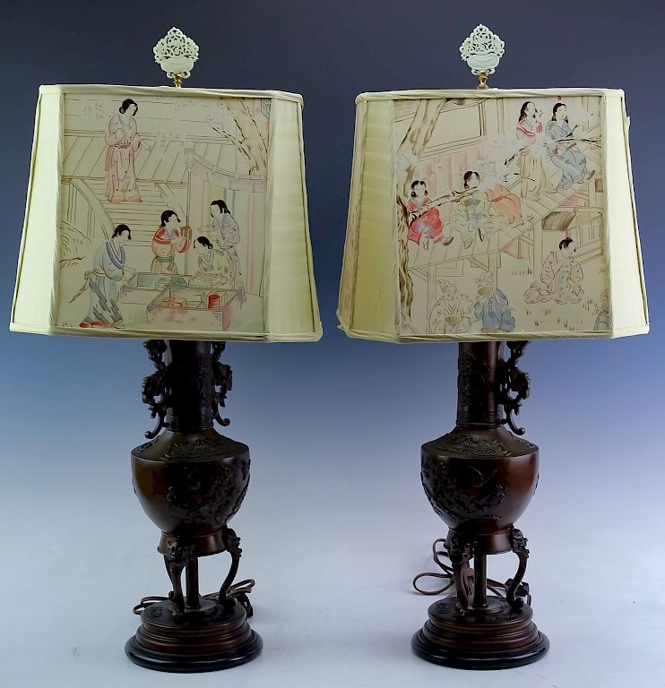 Appraisal: Chinese Bronze Tripod Censor Lamp w Jade Finial Pair of