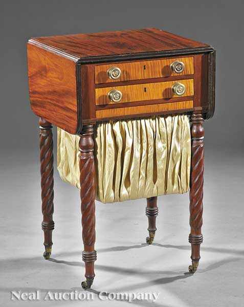 Appraisal: An American Classical Mahogany and Tiger Maple Sewing Table early