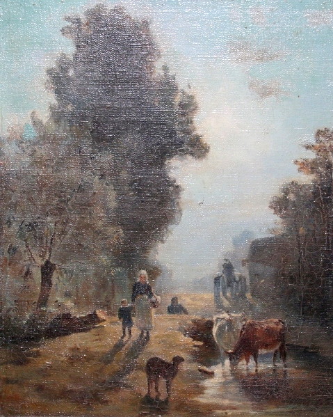 Appraisal: EARLY TH CENTURY SCHOOLCattle watering and figures by a country