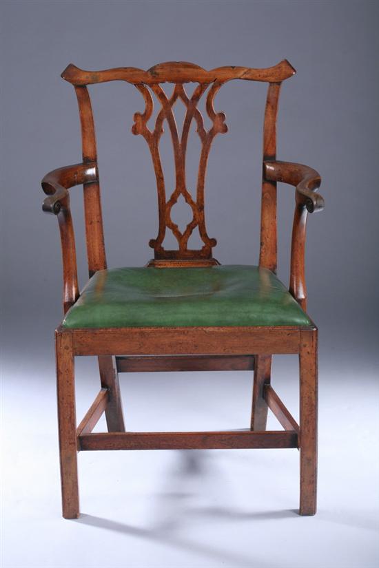 Appraisal: GEORGE II CHIPPENDALE OPEN-ARM CHAIR th century with green leather