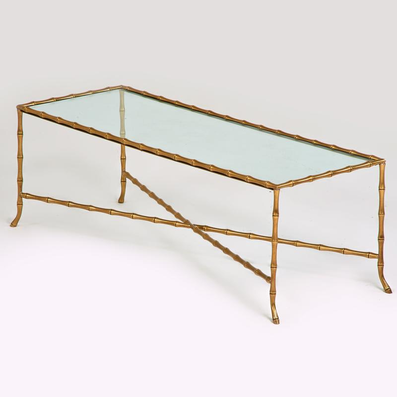 Appraisal: STYLE OF BAGUES Coffee table Europe s Brass glass Unmarked