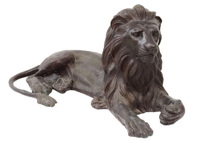 Appraisal: Patinated bronze sculpture Recumbent Lion signed in cast A Tiot