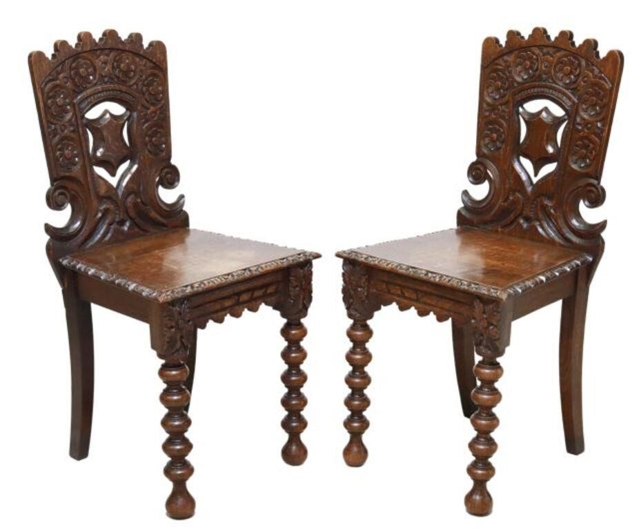 Appraisal: pair English Victorian carved oak hall chairs th c having