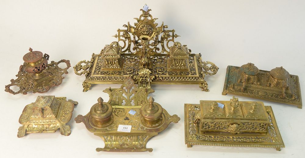 Appraisal: Group of Six Brass Inkwell Desk Sets largest height inches