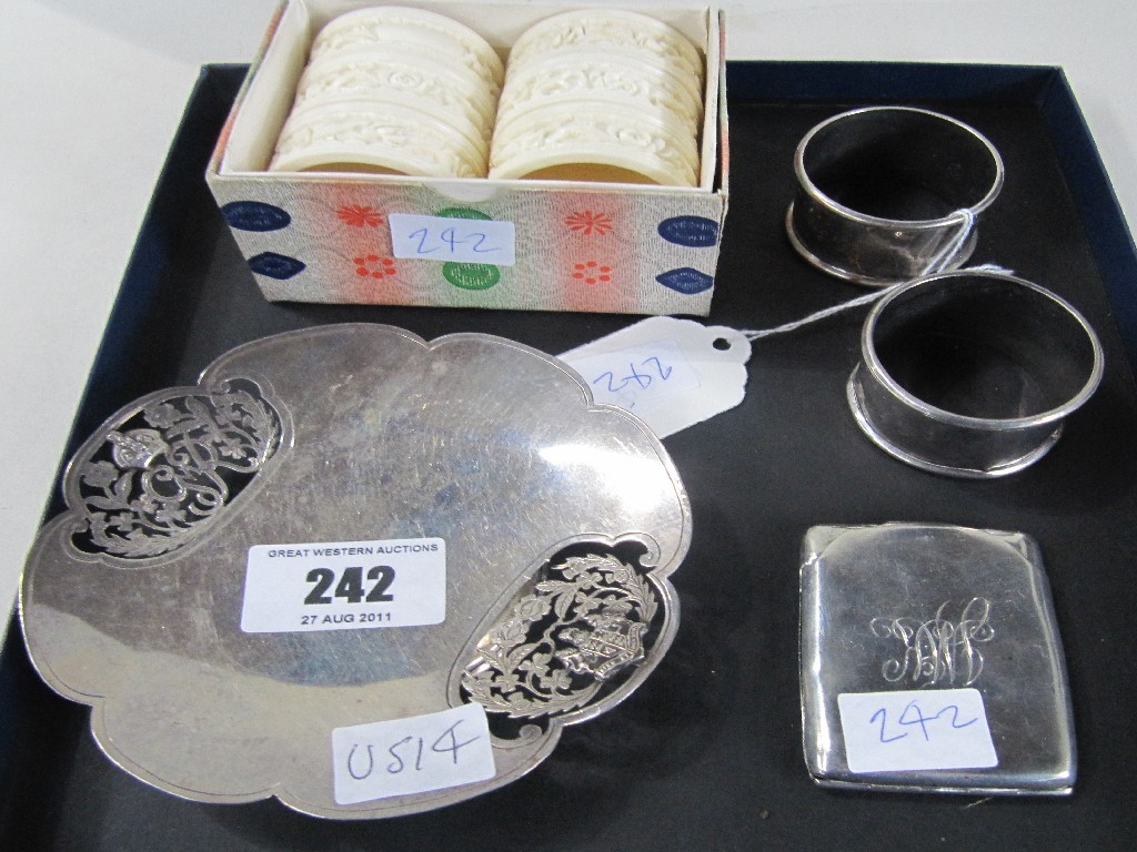 Appraisal: Lot comprising silver dish card case napkin ring and six