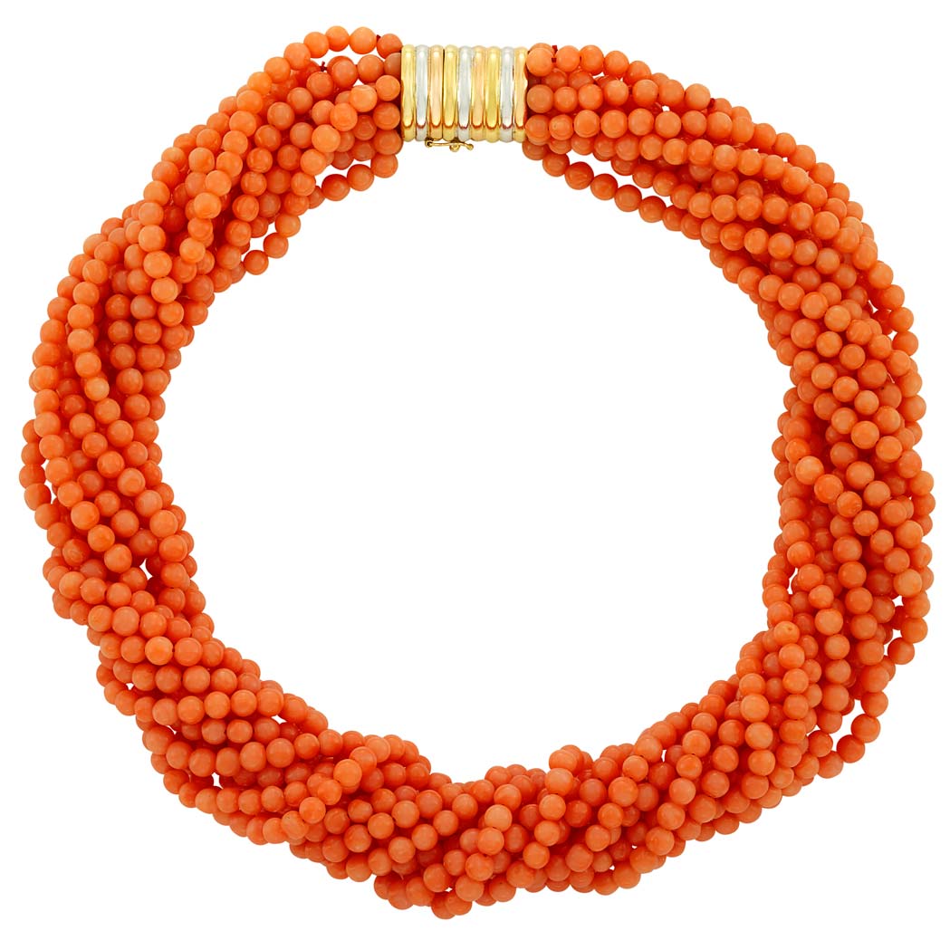 Appraisal: Twelve Strand Angel Skin Coral Bead Torsade Necklace with Tricolor