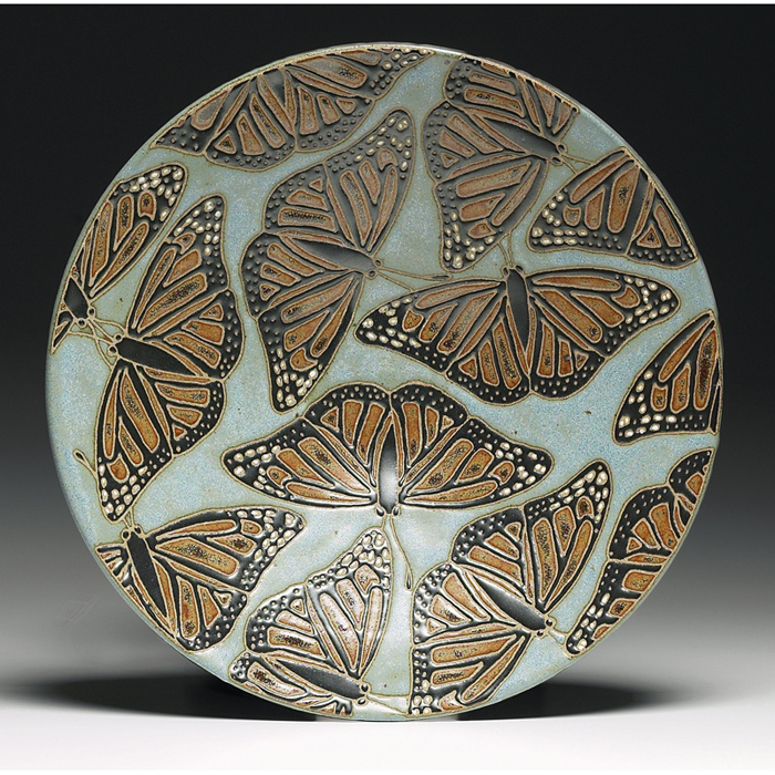 Appraisal: Common Ground bowl contemporary carved and painted butterflies marked signed