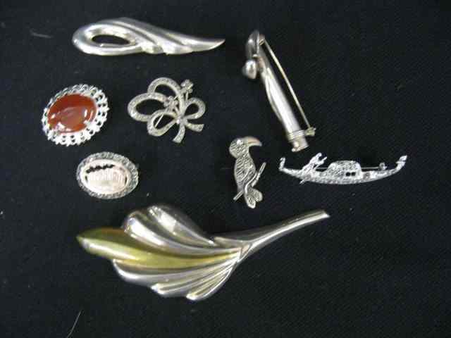 Appraisal: Sterling Silver Brooches includes marcasite bird carnelian posey holder more