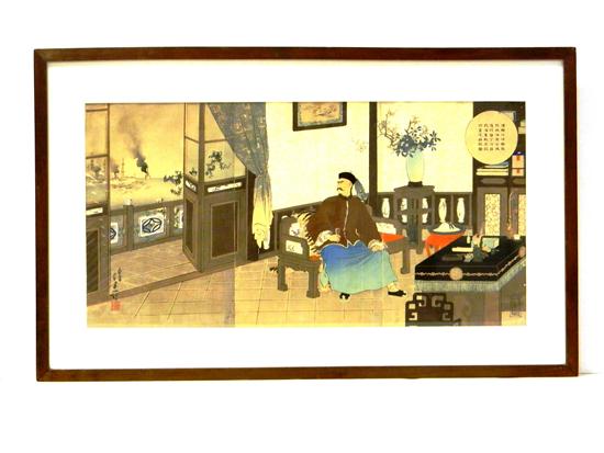 Appraisal: Toshikata Japanese - color woodblock triptych depicting a Chinese official