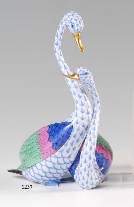 Appraisal: HEREND PORCELAIN SWAN PAIR FIGURINE Blue fishnet with three color