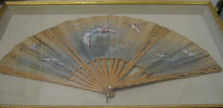 Appraisal: CONTINENTAL HAND FAN Painted silk leaf depicting classical figures and