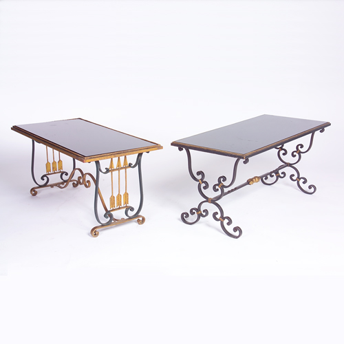 Appraisal: GILBERT POILLERAT ATTR Two wrought-iron coffee tables with black glass