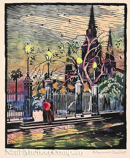 Appraisal: Clarence Millet American New Orleans - two hand-colored woodblock prints