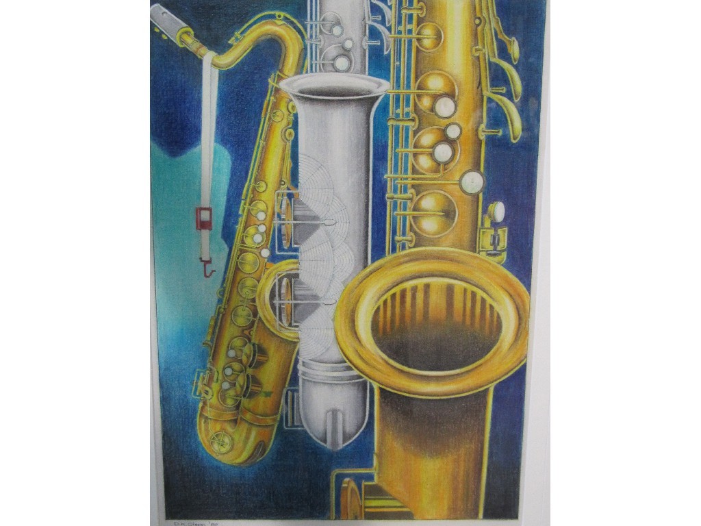 Appraisal: D K OLSON Mixed media 'Saxophones' signed and dated '