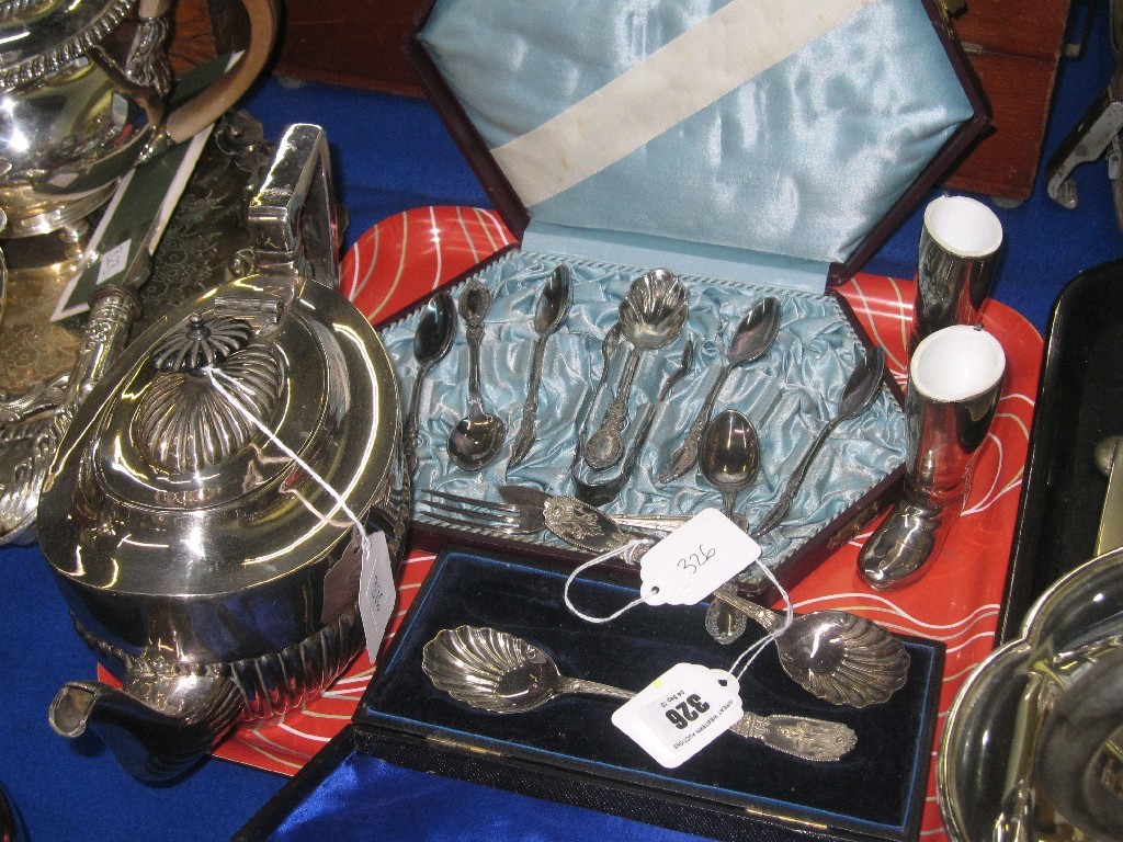 Appraisal: Lot comprising EP teapot spoon sets and a pair of