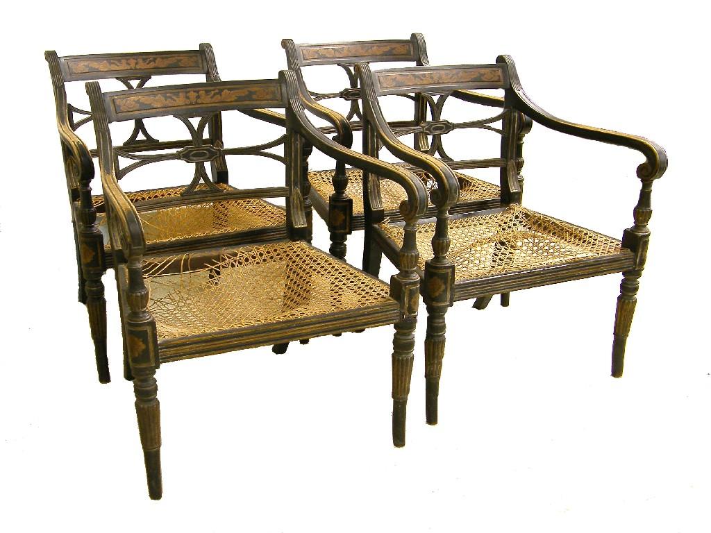 Appraisal: Set of four Regency ebonised bergere carver chairs the cresting