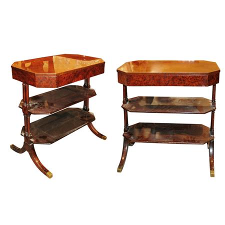 Appraisal: Pair of Regency Style Burl-Wood Three-Tier Side Tables Estimate nbsp