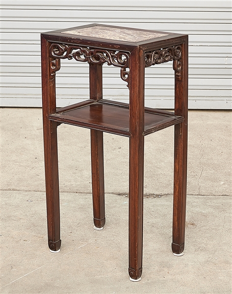 Appraisal: Chinese stone inset hard wood side table with openwork apron