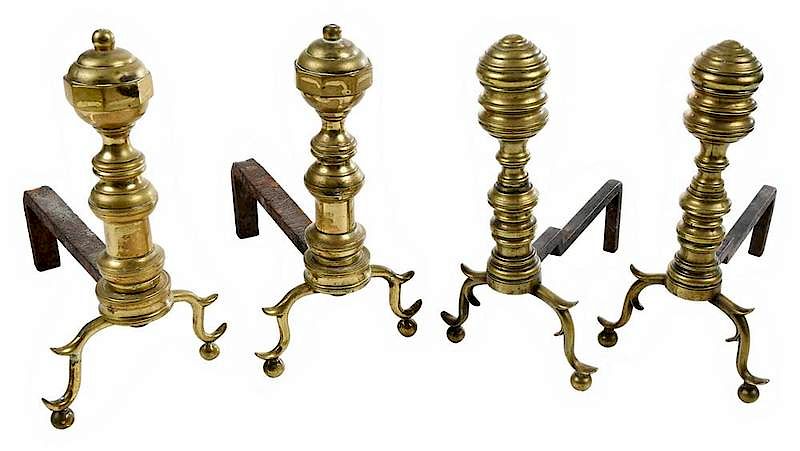 Appraisal: Two Pairs Miniature Brass Andirons American Continental th century both