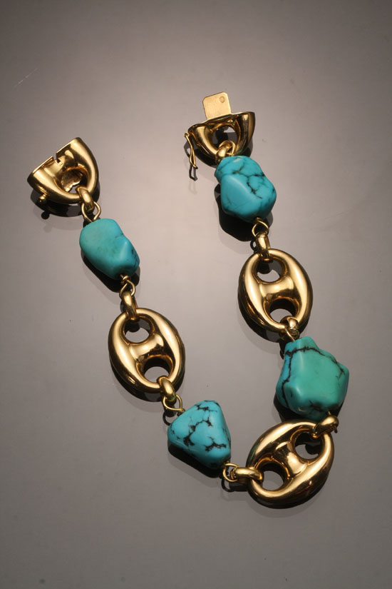 Appraisal: Italian -Karat Yellow-Gold and Turquoise Bracelet Having four turquoise nuggets