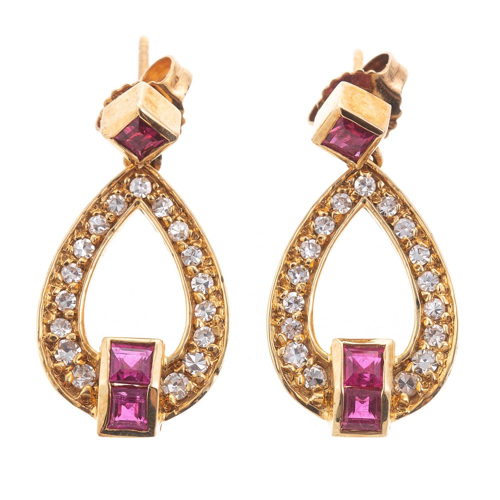 Appraisal: A Pair of Diamond Ruby Drop Earrings in K K