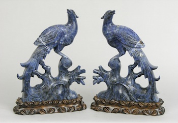 Appraisal: A Large Pair of Carved Sodalite Exotic Birds Chinese A