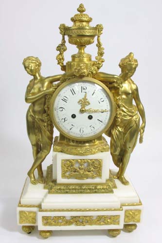 Appraisal: EMPIRE GILT-BRONZE AND WHITE MARBLE MANTEL CLOCK French th century