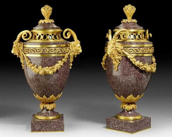 Appraisal: PAIR OF LARGE ORNAMENTAL VASES Louis XVI style Paris Porphyry