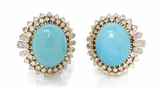 Appraisal: A Pair of Karat Yellow Gold Turquoise and Diamond Earclips