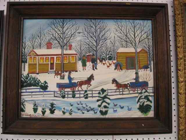 Appraisal: Willie Hamilton Folk Art Painting winter farm scene '' x