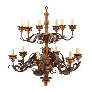 Appraisal: A Spanish Giltwood and Iron Twelve-Light Chandelier Circa Height x