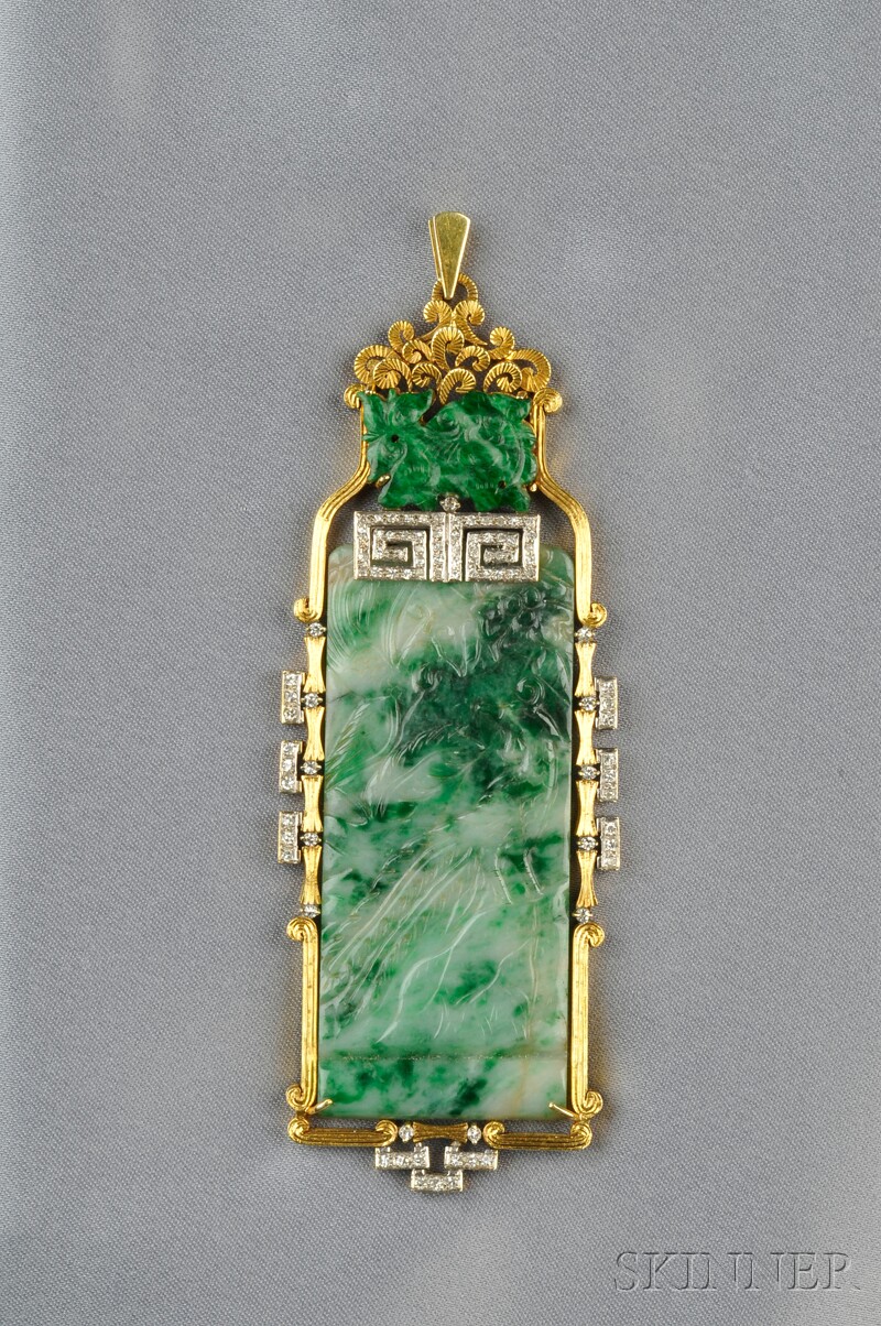 Appraisal: kt Gold Jade and Diamond Pendant set with two jade