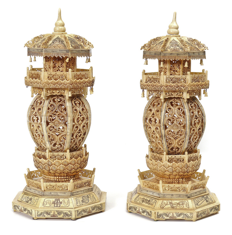 Appraisal: PAIR BONE CLAD CHINESE PAGODAS Pierce carved and scrimshaw figural