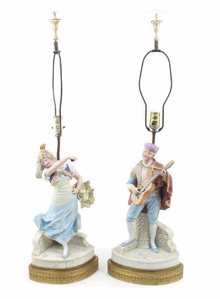 Appraisal: A pair of Continental colored bisque porcelain figural table lamps