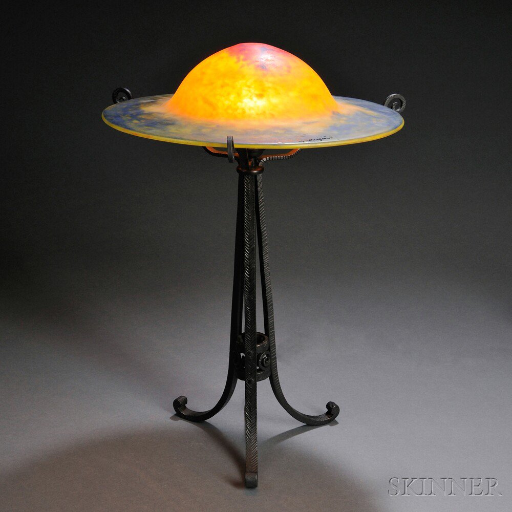 Appraisal: Le Verre Fran ais Saturn Table Lamp Art glass wrought