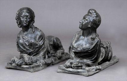 Appraisal: PAIR OF LOUIS XV-STYLE LEAD GARDEN SPHINXES Each recumbent lion