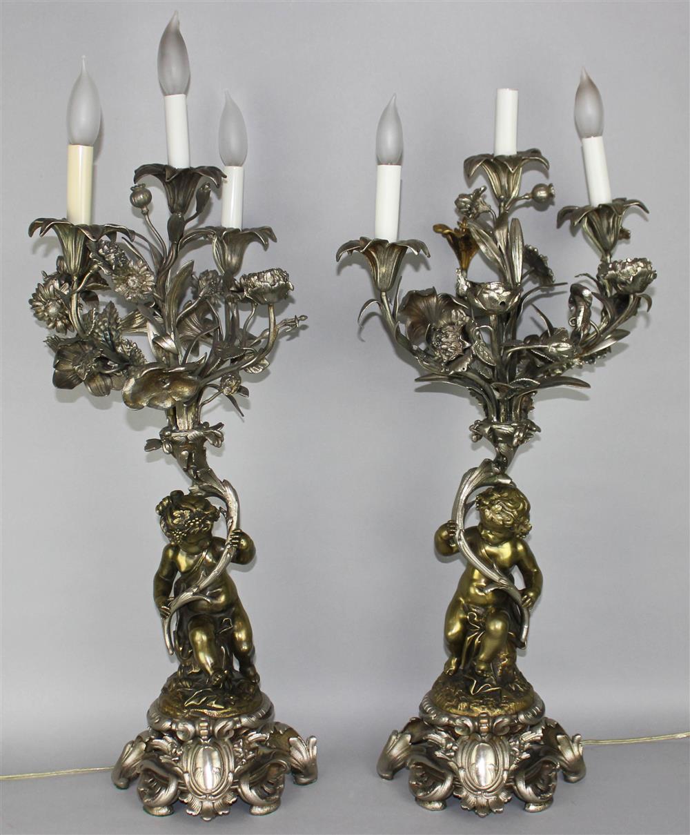 Appraisal: PAIR OF LOUIS XV STYLE POLYCHROME METAL CANDELABRA LAMPS each