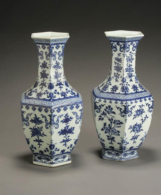 Appraisal: Pair of Chinese Blue and White 'Three Abundances' Hexagonal Vases