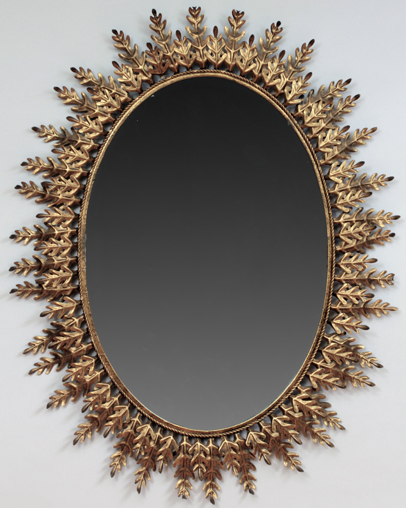 Appraisal: Gilt Metal Oval Mirror With tiered leaf frame x in