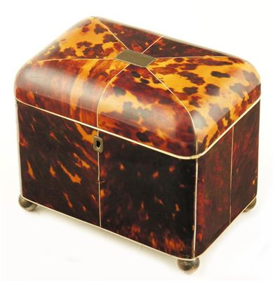 Appraisal: A Regency tortoiseshell tea caddy with ivory stringing and a