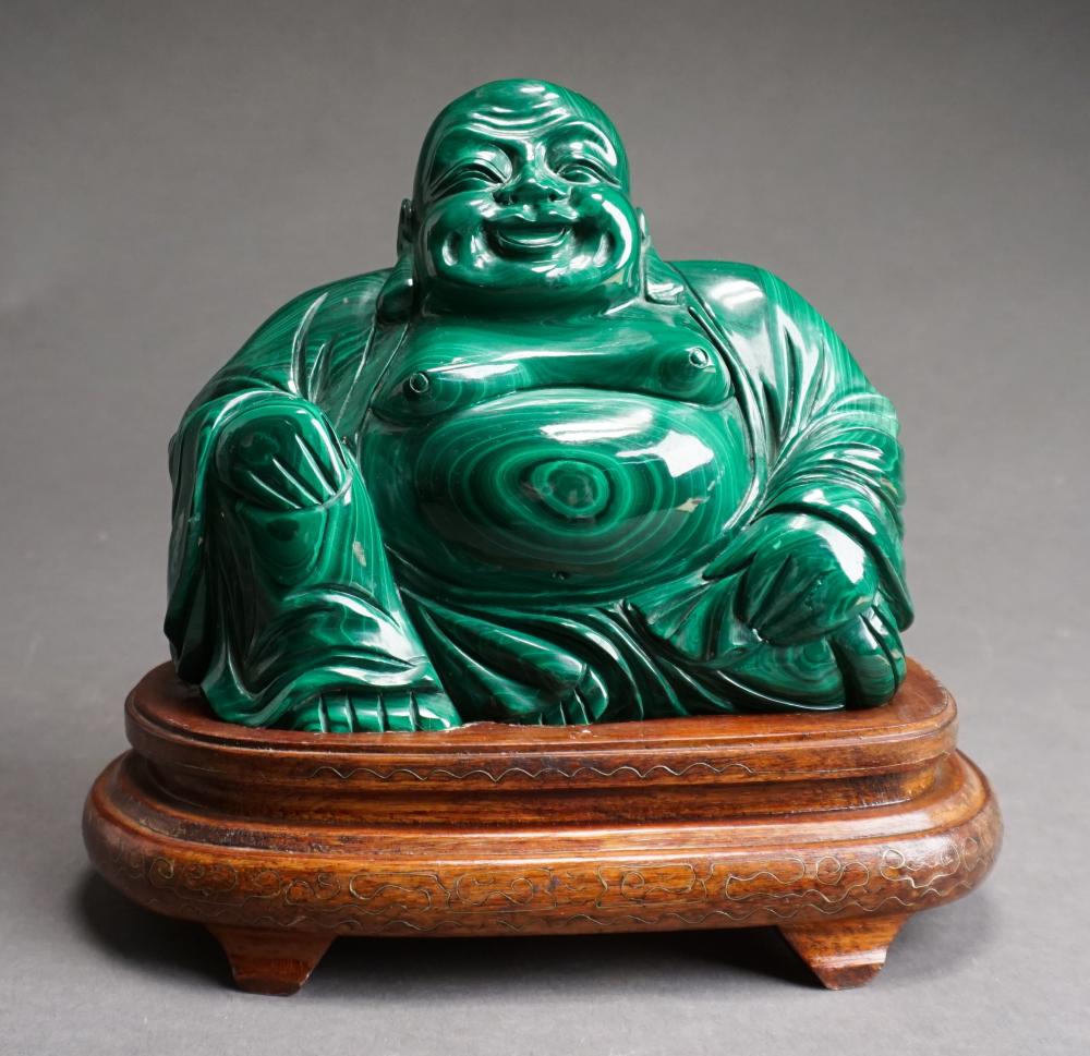 Appraisal: Asian Carved Malachite Figure of Buddha on Wood Stand H