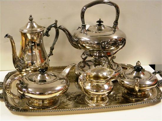 Appraisal: Silverplate tea set including coffee pot '' h teapot with