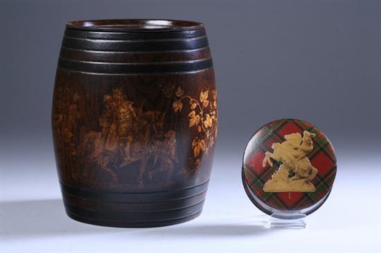 Appraisal: VICTORIAN PAPIER-M CH BISCUIT BARREL AND SCOTTISH TARTANWARE TEA BOX