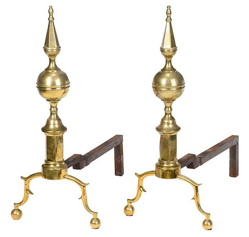 Appraisal: Large Pair of Brass Steeple Top Andirons American early th