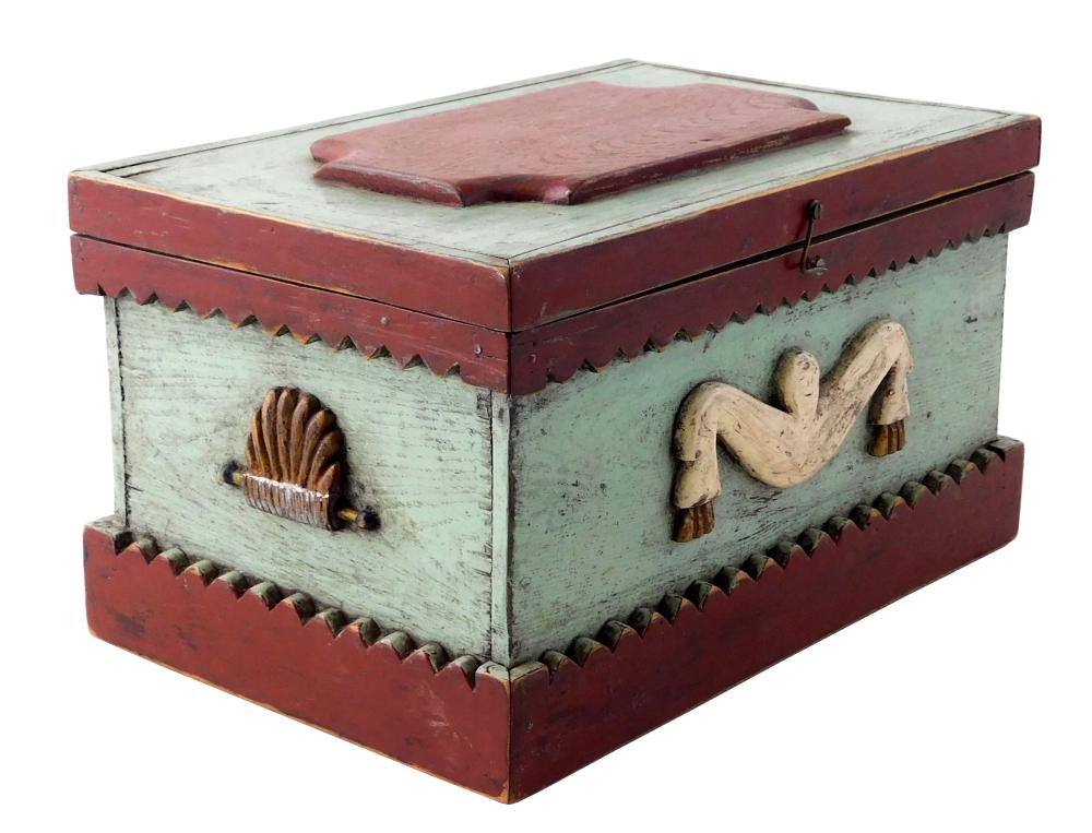 Appraisal: Box th C applied carvings and painted decoration in aqua